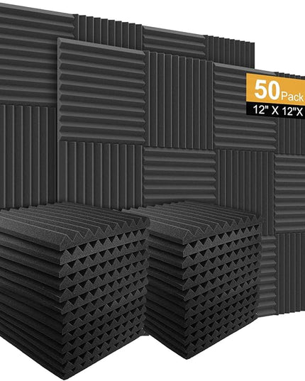 50 Pack Acoustic Panels Soundproof Studio Foam for Walls Sound Absorbing Panels Sound Insulation Wedge for Studio, 1" X 12" X 12" (Black)