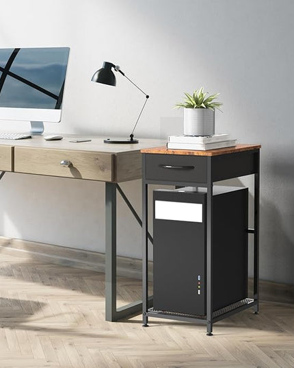 Computer Tower Stand PC Tower Stand with Storage Drawer 2 Tier Wood Rolling CPU Holder Stand Mobile Printer Cart on Wheels for Home Office, Industiral Brown and Black