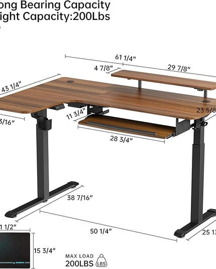 EUREKA ERGONOMIC Standing Desk Electric Adjustable Height (61"x43") Computer Desk with Keyboard Tray, Sit Stand Desk L Shaped Desk for Work/Home Office,Dual Motor,Memory Presets,2 USB/RGB,Walnut/Left