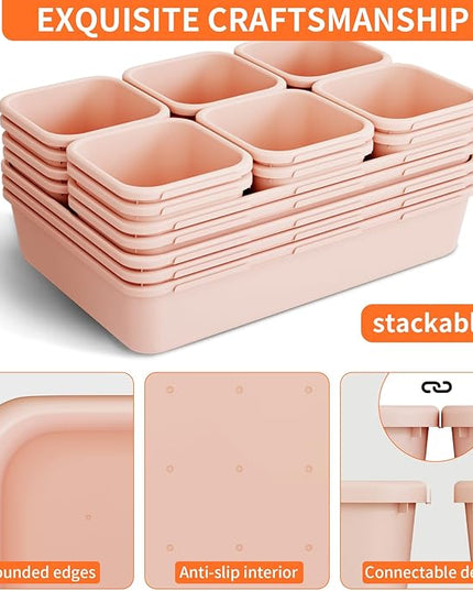 45 Pack Pink Plastic Drawer Organizer Trays - 3-Size Storage for Kitchen, Bathroom, Office, Vanity, Makeup, Utensils, Junk Drawer Organizer Bins, Gadget Trays