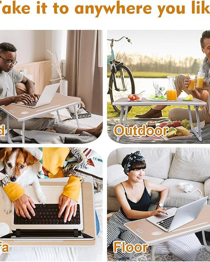 Amaredom Laptop Bed Desk Tray Bed Table, Foldable Portable Lap Desk Notebook Stand Reading Holder with Storage Drawer and Cup Holder for Eating Breakfast on Bed/Couch/Sofa-White Oak