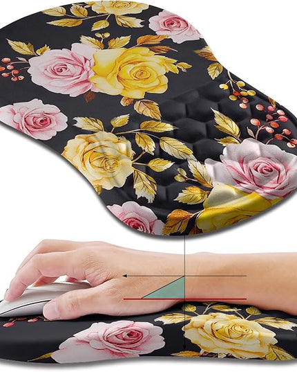 Hokafenle Ergonomic Mouse Pad Wrist Support, Wrist Rest Mousepad for Carpal Tunnel Pain Relief with Integrated Memory Foam Slope Massage Bulge (11.8x7.9 inch,Golden Powder Flower