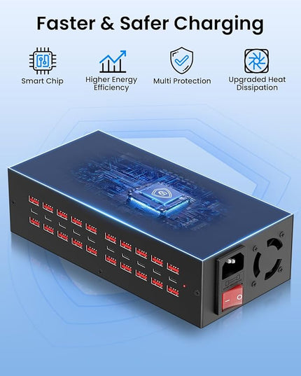 250W USB~c Charging Station, 30 Port (20 USB A & 10 USB~C Port) USB Charger Block, Fast Charging Station for Multiple Devices, Desktop Charger Compatible for iPhone, iPad, Tablets