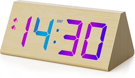 Wooden Digital Alarm Clock with Dual USB Charging Ports, DST, Dimmable, Snooze, RGB Colors, Modern Large Time Display LED Clock for Kids Bedrooms, Living Room, Desk,Table, Bedside,Nightstand (Bamboo)