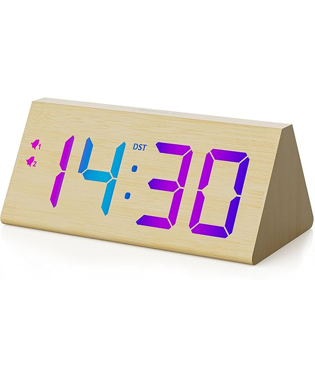 Wooden Digital Alarm Clock with Dual USB Charging Ports, DST, Dimmable, Snooze, RGB Colors, Modern Large Time Display LED Clock for Kids Bedrooms, Living Room, Desk,Table, Bedside,Nightstand (Bamboo)
