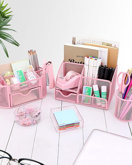 17 in 1 Pink Desk Organizers and Accessories Set, 3 Office Desk Supplies Storage Organization, 4 Pens, Stapler, Staples & Remover, Tape & Dispenser, Scissors, Ruler, Clips, Hole Punch, Back to School