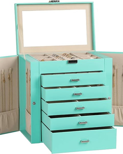 Frebeauty Large Jewelry Box,6-Tier PU Leather Jewelry Organizer,Multi-functional Storage Case with Mirror,Accessories Holder with 5 Drawers for Necklace Bracelets Watches(Turquoise)