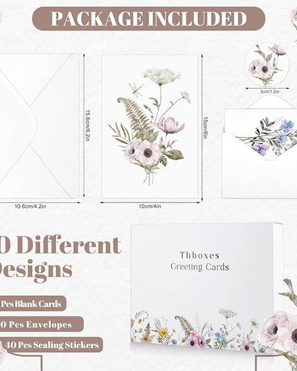 Thboxes Blank Cards and Envelopes, 40 Pack Blank Note Cards 4x6 in Elegant Floral Greeting Card with Sealing Stickers, Note Card and Envelopes Stationary Set for All Occasions (10 Floral Designs)