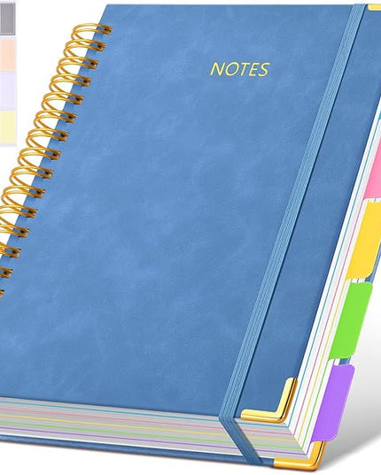 Hardcover Spiral Notebook Journal with Removable Dividers Tabs, 300 Pages Leather 5 Subject Notebook College Ruled, 8"x10" Large B5 Notebooks for Work School, Lined Journal for Women, Light Blue