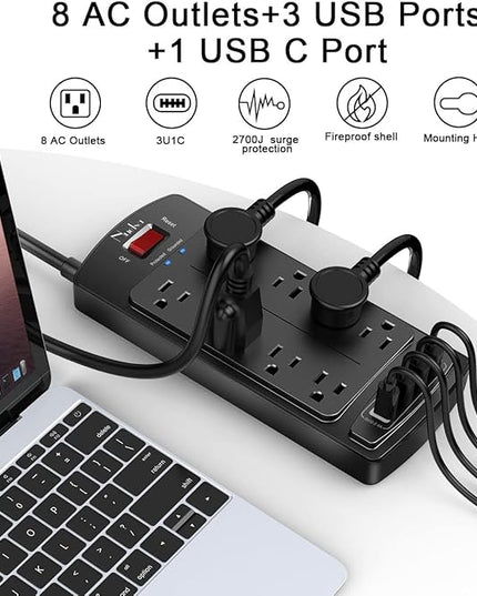 Surge Protector Power Strip - Nuetsa Flat Plug Extension Cord with 8 Outlets and 4 USB Ports, 15 Feet Power Cord (1625W/13A), 2700 Joules, ETL Listed, Black