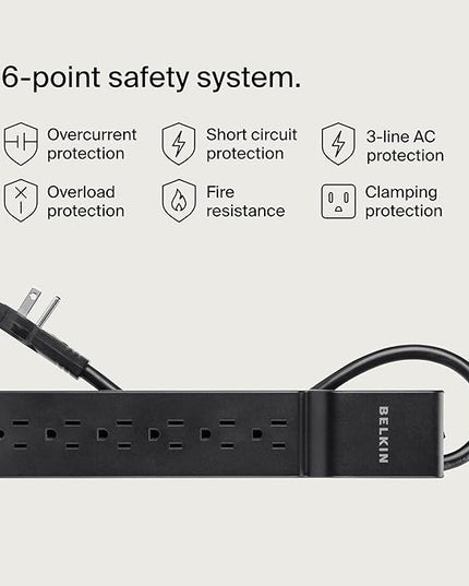 Belkin Surge Protector Power Strip with 6 AC Outlets, 6ft/1.8M Long Heavy-Duty Extension Cord, & 360-Degree Rotating AC Plug for Conference Rooms, Computer Desktops, & More - 600 Joules of Protection