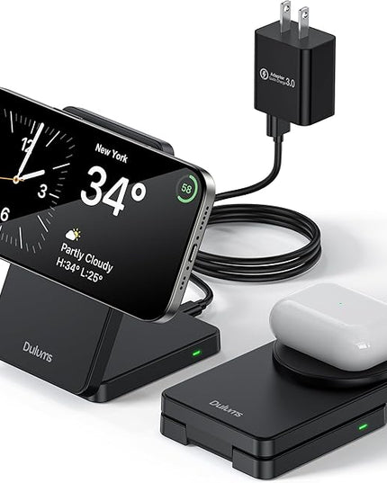 Folding Wireless Charging Stand, Magnetic 15W Fast Charging Station Mag-Safe Travel Lightweight Charger Compatible for iPhone 17/16/16 Pro/16 Pro Max/16 Plus/15/14/13/12 Series, AirPods 4/3