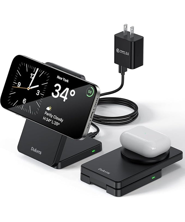 Folding Wireless Charging Stand, Magnetic 15W Fast Charging Station Mag-Safe Travel Lightweight Charger Compatible for iPhone 17/16/16 Pro/16 Pro Max/16 Plus/15/14/13/12 Series, AirPods 4/3
