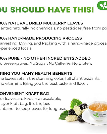 FreshDrinkUS, Permium 16oz Mulberry Leaves, 100% Natural & Pure from Mulberry Leaves, Loose Leaf Herbal Tea, No Additives, No Caffeine, Vegan
