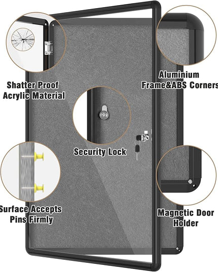 Mifuro 36"x24" Enclosed Bulletin Board, Lockable Weather-Resistant Aluminum Cork Noticeboard for School & Office, Black Frame w/Grey Flet