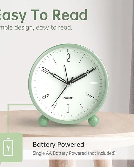 Analog Alarm Clock, 4 inch Super Silent Non Ticking Small Clock with Night Light, Battery Operated, Simple Design, Old Fashioned Style Ideal Decor, for Bedroom, Bedside, Desk, Adult, Kid, Gift, Green
