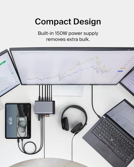 Belkin USB-C Hub, 11-in-1 Pro GaN Dock 150W, Multi-Port Docking Station w/USB-C, USB-A, Ethernet, SD, MicroSD, 3.5mm Port, 4K HDMI Ports for Triple Monitor Display - Compatible w/MacBook Pro & More