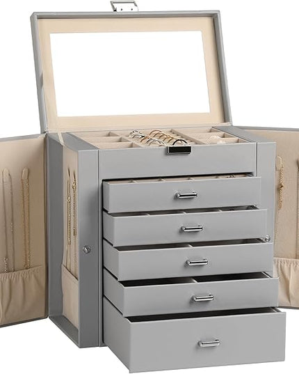 Frebeauty Large Jewelry Box,6-Tier PU Leather Jewelry Organizer,Multi-functional Storage Case with Mirror,Accessories Holder with 5 Drawers for Necklace Bracelets Watches(Grey)