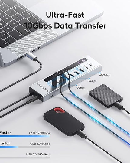 Powered USB C Hub, 10-in-1 USB 3.2 Data Hub with 3 x USB A/C 10Gbps, 3 x USBA 5Gbps, USB A 2.0, 100W PD-in, 2 x 24/45W Type-C Charging Ports (72W Adapter Included)