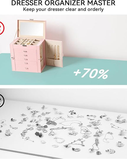 Frebeauty Large Jewelry Box,6-Tier PU Leather Jewelry Organizer,Multi-functional Storage Case with Mirror,Accessories Holder with 5 Drawers for Necklace Bracelets Watches(Pink)