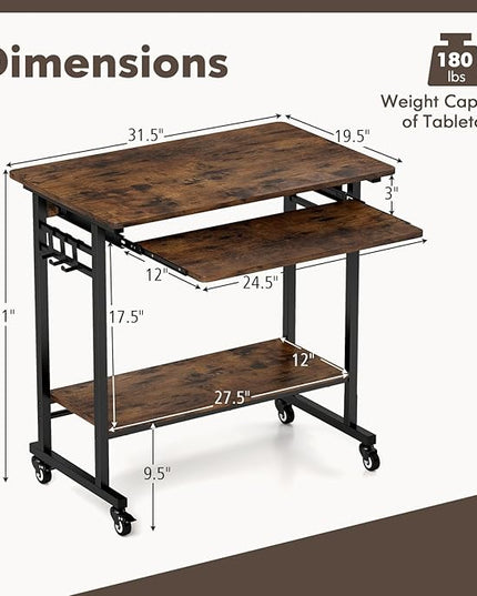 Tangkula Rolling Computer Desk Cart with Keyboard Tray, Mobile Portable Laptop PC Desk with CPU Stand & 3 Hooks for Sofa & Bed, Industrial Small Desk on Wheels for Small Spaces, Home Office Desk