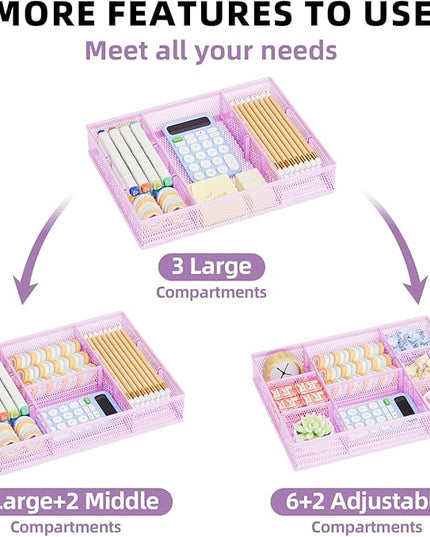 Marbrasse 2 Pack Desk Drawer Organizer, Mesh Drawer Organizer Tray with 8 Adjustable Compartments, Desk Organizers and Accessories, 5 Dividers Drawer for Office Supplies, Makeup & Vanity (Purple)