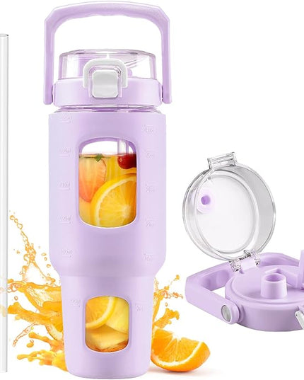 BLUEGO 40oz Glass Tumbler with Lid and Straw, Glass Water Bottles with Handle, Glass Cup with Time Marker and Silicone Sleeve, Fits Most Cup Holder, Leak-proof, Purple