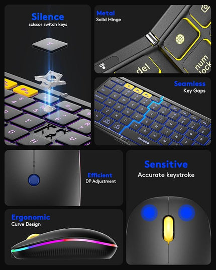 Samsers Foldable Keyboard and Mouse, Folding Bluetooth Keyboard Mouse Combo with Backlight, 2.4G + BT5.0 x 2, Full-Size Travel Keyboard & Portable Wireless Mouse for Windows/Android/iOS/Mac OS, Black