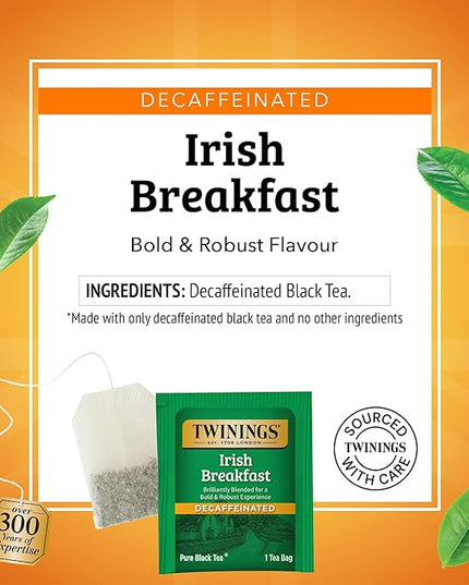 Twinings Decaffeinated Irish Breakfast Black Tea Individually Wrapped Bags, 20 Count (Pack of 6), Flavourful, Robust, Enjoy Hot or Iced, 120 Teabags