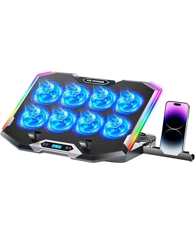 ICE COOREL Gaming Laptop Cooling Pad with 8 Cooling Fans, Laptop Fan Cooler Pad for 15-17.3 Inch, Notebook Cooler Stand with 6 Height Adjustable, RGB Cooling Pad with Two USB Port + Phone Stand