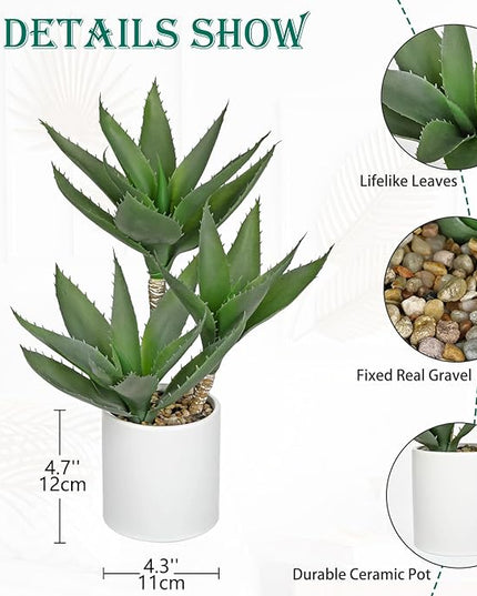 Hollyone Large Artificial Agave Plants Fake Three-Head Agave Succulent Plant Potted 17" Faux Plant Succulent Aloe Vera Plants Indoor for Desk Modern Home Decor