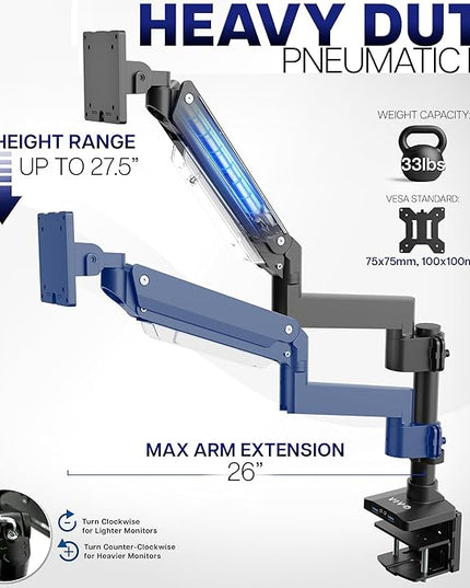VIVO Premium Aluminum Tall Extended Monitor Arm for Ultrawide Monitors up to 49 inches and 33 lbs, USB Single Desk Mount Stand, Pneumatic Height Adjust, Max VESA 100x100, Black, STAND-V101GTU