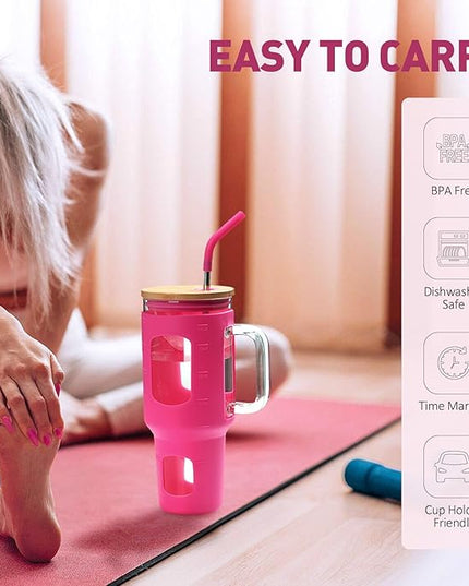 Glass Tumbler with Straw and Lid, 40 oz glass cup with handle, Glass Water Bottles with Time Marker, Silicone Protective Sleeve-Rose Red