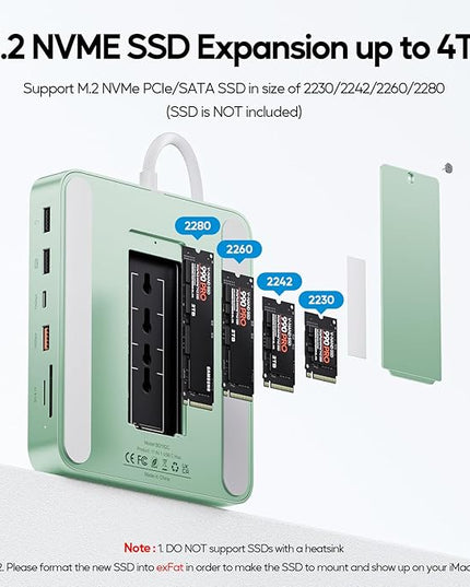 Upgraded 11 in 1 USB C Hub for iMac 24 inch USB Hub 2021 2023 2024 Support M.2 SSD (NOT Included), iMac Hub M1 M3 M4 Accessories, 4K HDMI, 2.5G Ethernet, 5 USB A/C Max 10Gbps, SD/TF - Green
