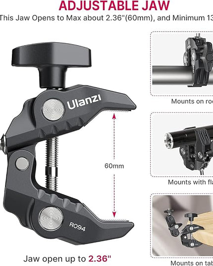 ULANZI Super Clamp Camera Clamp Mount Monitor 360° Ballhead Magic Arm Double Ball Head Adapter with 1/4"-20 & 3/8"-16 Thread for Canon Nikon DSLR Camera/Gopro/LED Lights/Ronin-M/Ronin MX/Freefly MOVI
