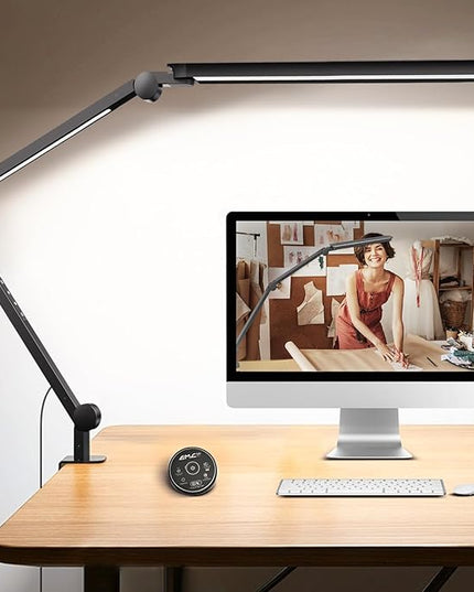 LED Desk Lamp with Clamp, Architect Desk Lamp with Remote, Flexible Swing Arm Desk Light with Dual LED Light, Stepless Dimming, 5 Color Mode & 4 Brightness for Sewing Painting Drafting Crafting