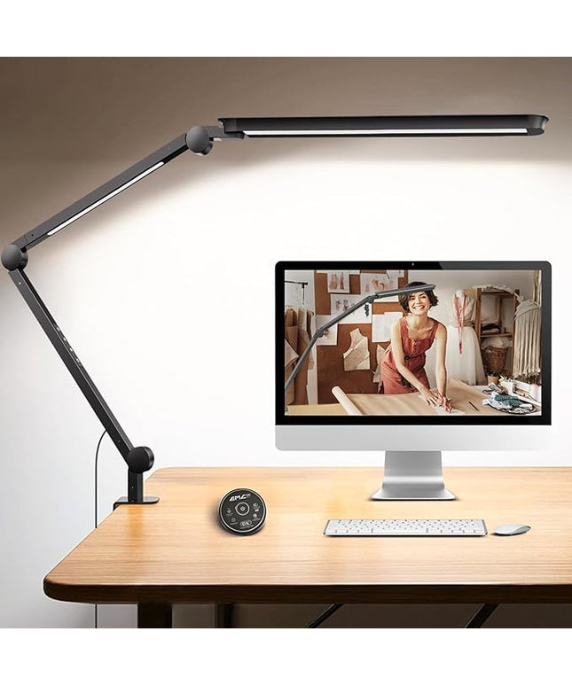 LED Desk Lamp with Clamp, Architect Desk Lamp with Remote, Flexible Swing Arm Desk Light with Dual LED Light, Stepless Dimming, 5 Color Mode & 4 Brightness for Sewing Painting Drafting Crafting