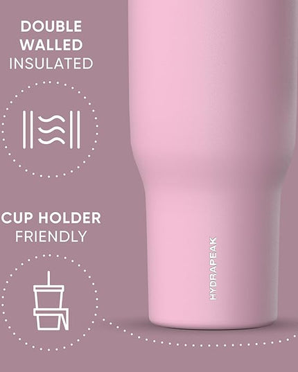 Hydrapeak Voyager 40 Oz Stainless Steel Tumbler with Handle, Insulated Water Bottle With Straw & Lid, Cupholder Friendly Reusable Travel Mug (Cotton Pink)