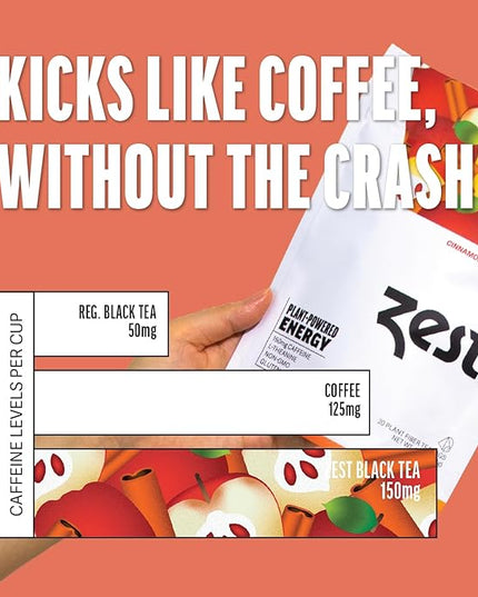 Zest Cinnamon Apple Spice Energy Tea – High Caffeine Black Tea Bags for Focus, Clarity & Morning Energy – Natural Non-GMO Caffeinated Breakfast Tea – Cozy Fall Focus Tea with 150mg Caf – 20Ct Pack