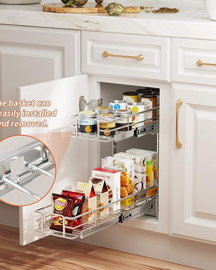 ROOMTEC Individual Pull Out Cabinet Organizer (9" W x 21½" D), 2 Tier Spice Rack Organizer for Cabinet, Slide Out Drawer Pantry Shelf Organization and Storage for Kitchen Bathroom