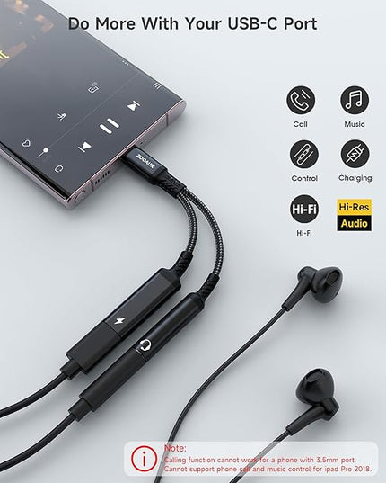 ZOOAUX USB C to 3.5mm Headphone and Charger Adapter, 2-in-1 USB Type C to Aux Audio Jack Splitter, PD 60W Fast Charging Dongle for iPhone 17/16/15, Galaxy S25/S24/S23, iPad Pro, Pixel (Black)