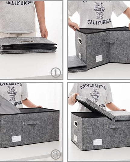 PRANDOM Storage Bins with Lids [3-Pack] Linen Fabric Foldable Storage Boxes Organizer Containers Baskets Cube with Cover Grey(23.4X15.9X11.4)