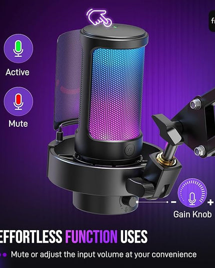 FIFINE USB Gaming Microphone Kit, PC Streaming Mic with RGB Lights, Mute, Gain Knob, Metal Boom Arm for Recording Podcast, Condenser Computer Microphone Set Compatible with PS4/PS5-AmpliGame A8T
