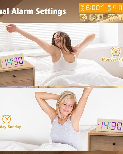 Wooden Digital Alarm Clock with Dual USB Charging Ports, DST, Dimmable, Snooze, RGB Colors, Modern Large Time Display LED Clock for Kids Bedrooms, Living Room, Desk,Table, Bedside,Nightstand (Bamboo)