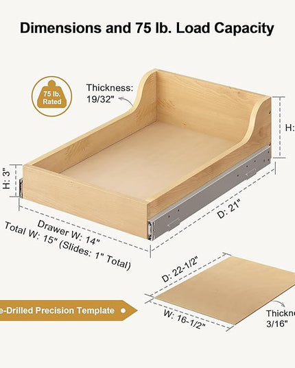 ALINE FURNITURE Birch Pull Out Drawers for Cabinets, 15" W x 21" D x 6" H Soft-Close Slide Out Drawer for Kitchen Cabinets, Pull Out Shelves, Pantry Cabinet Organizer, with Pre-Drilled Wood Template