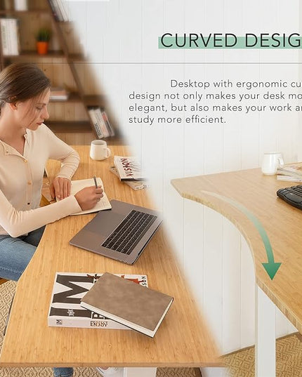 FlexiSpot E6 Bamboo 3-Stage Dual Motor 60 x 30 Electric Standing Desk Sit Stand Up Desk, Holds 220 lbs, Adjustable Height w/ Memory Presets, Solid Bamboo Curved Desktop & Black Frame, Ships in 2 Boxes