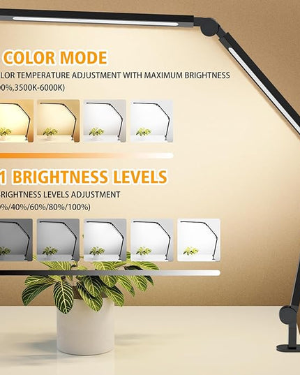 LED Desk Lamp with Clamp, Adjustable Swing Arm for Home Office, Dimmable Tempering Eye Care, Bright Modern Led Table Lamp for Nail Tech Architect, Flexible Tall Task Table Light