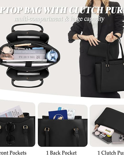 RAINSMORE Laptop Bag for Women 15.6 Inch Work Tote Bags Waterproof Computer Bags Leather Professional Laptop Purse Womens Laptop Briefcase Large Handbag for Office Teacher Travel, Black