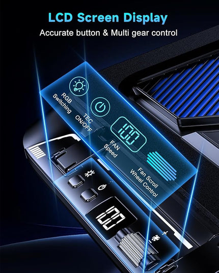 Laptop Cooling Pad with Dual Core Cooler, Gaming Laptop Cooler with 5.5in 2 Powerful Turbofan(9500 RPM), Fast Cooling Laptop 12-21in, 5 Height Stands, 100 Gear Speed, LCD Screen, RGB, Phone Holder
