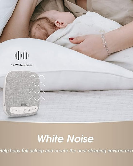 Portable White Noise Sound Machine - August SE160 - Calming, Ambient Sleep Therapy - 14 Soothing Sounds for Babies, Children, Adults - Sleep Aid with Timer - 60-Hour Battery - USB-C Charging - White